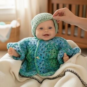 Sweater Kimono Baby Beanie Set Hand Crafted Blue Green Toddler